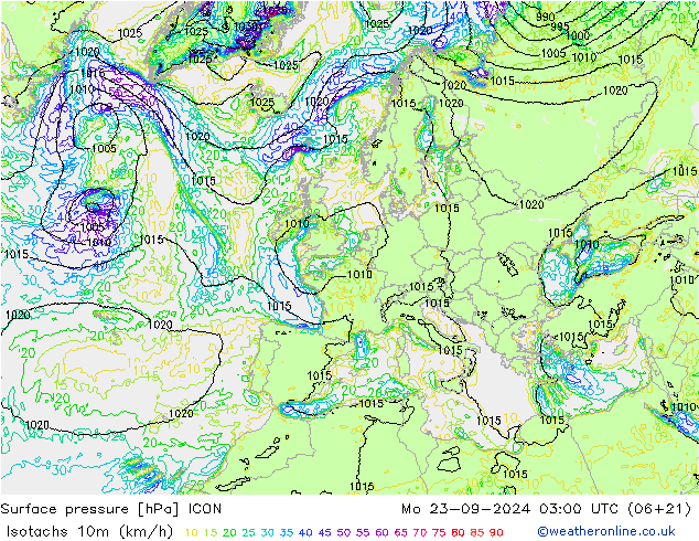 Isotachen (km/h) ICON ma 23.09.2024 03 UTC