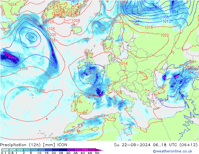 降水量 (12h) ICON 星期日 22.09.2024 18 UTC