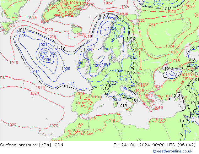 Atmosférický tlak ICON Út 24.09.2024 00 UTC