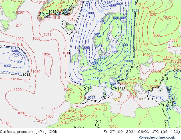 Luchtdruk (Grond) ICON vr 27.09.2024 06 UTC