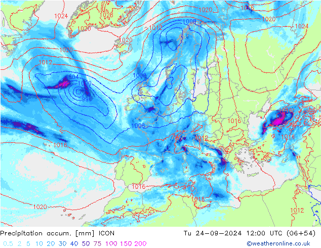 Totale neerslag ICON di 24.09.2024 12 UTC