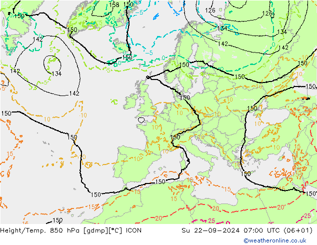 Height/Temp. 850 гПа ICON Вс 22.09.2024 07 UTC