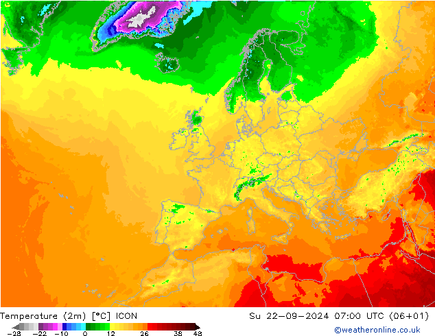 Temperatuurkaart (2m) ICON zo 22.09.2024 07 UTC