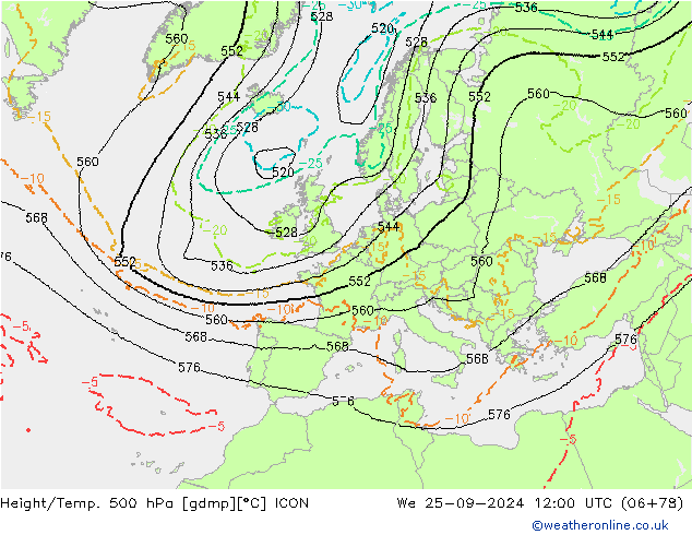 Height/Temp. 500 hPa ICON Mi 25.09.2024 12 UTC