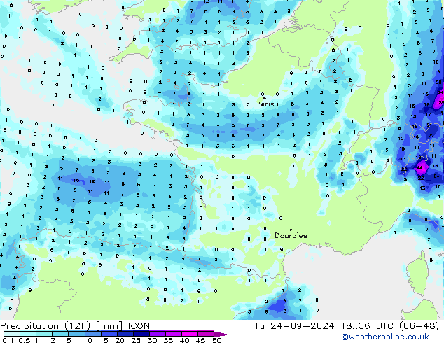 Precipitation (12h) ICON Út 24.09.2024 06 UTC