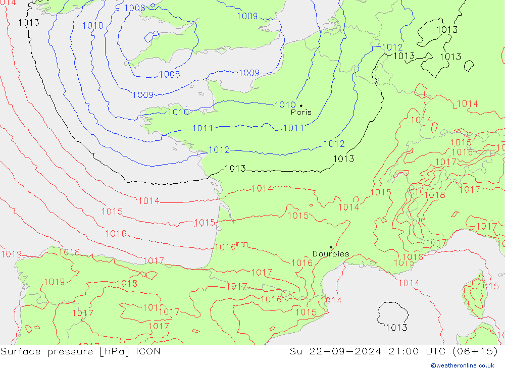 Surface pressure ICON Su 22.09.2024 21 UTC