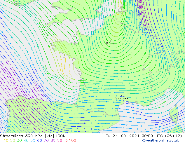 Stromlinien 300 hPa ICON Di 24.09.2024 00 UTC