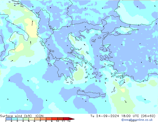 Wind 10 m (bft) ICON di 24.09.2024 18 UTC