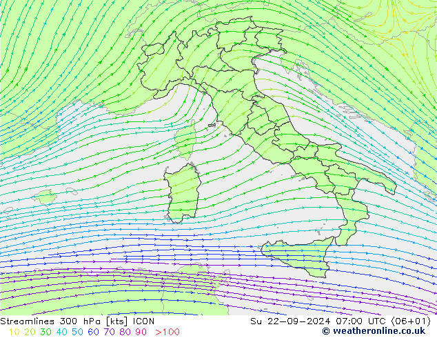 Linea di flusso 300 hPa ICON dom 22.09.2024 07 UTC