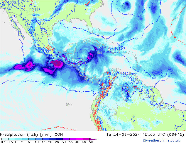 Totale neerslag (12h) ICON di 24.09.2024 03 UTC