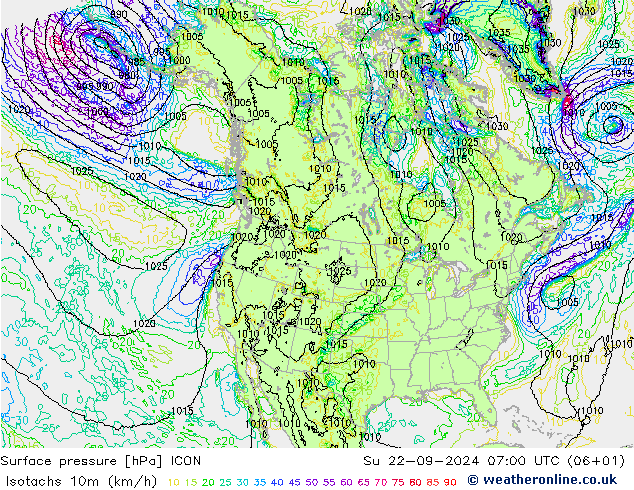 Isotachs (kph) ICON Dom 22.09.2024 07 UTC