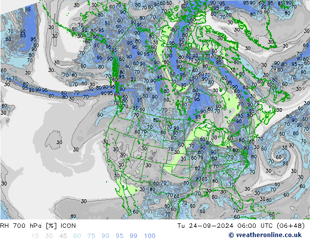 RH 700 hPa ICON 星期二 24.09.2024 06 UTC