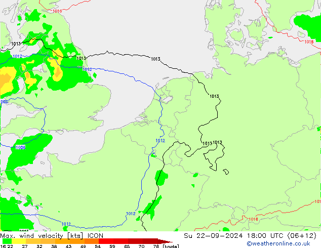 Max. wind velocity ICON Su 22.09.2024 18 UTC