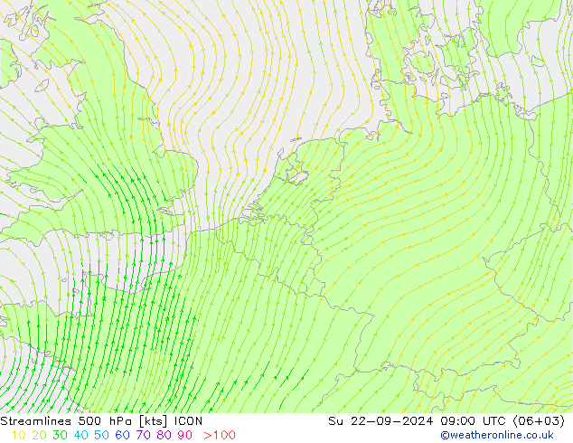 风 500 hPa ICON 星期日 22.09.2024 09 UTC