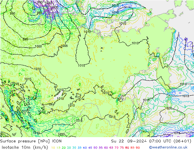 Isotachen (km/h) ICON So 22.09.2024 07 UTC