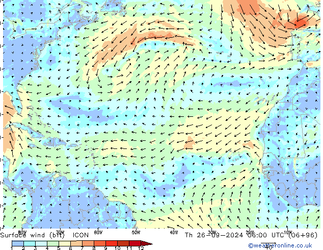 Vento 10 m (bft) ICON Qui 26.09.2024 06 UTC