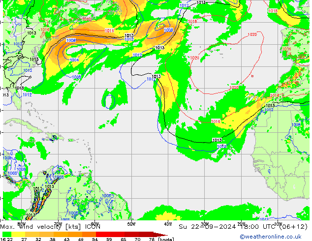 Max. wind snelheid ICON zo 22.09.2024 18 UTC