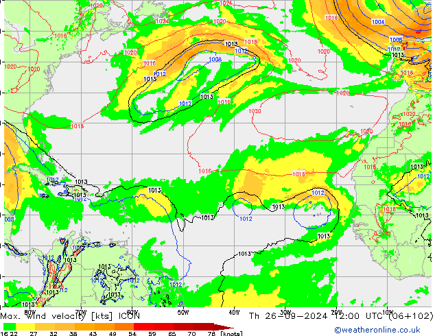 Max. wind velocity ICON Čt 26.09.2024 12 UTC