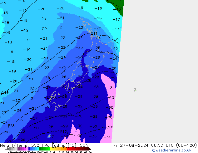 Height/Temp. 500 hPa ICON Fr 27.09.2024 06 UTC