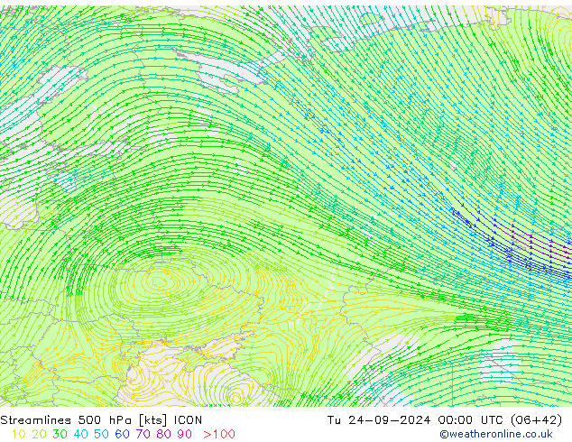 Linha de corrente 500 hPa ICON Ter 24.09.2024 00 UTC