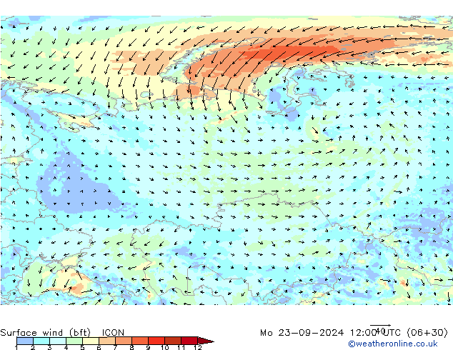 Rüzgar 10 m (bft) ICON Pzt 23.09.2024 12 UTC