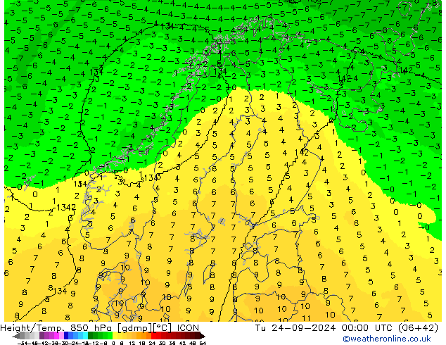 Height/Temp. 850 hPa ICON Tu 24.09.2024 00 UTC