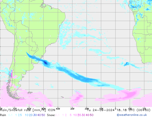 Rain/Snowfall rate ICON Út 24.09.2024 18 UTC