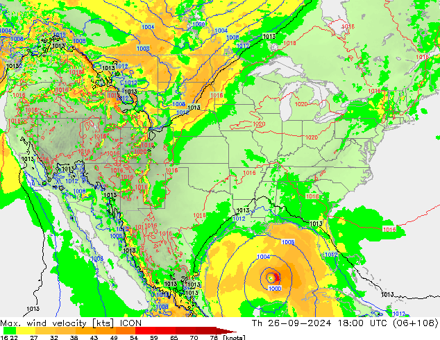 Max. wind velocity ICON Qui 26.09.2024 18 UTC