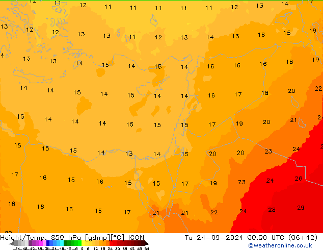 Height/Temp. 850 hPa ICON Tu 24.09.2024 00 UTC