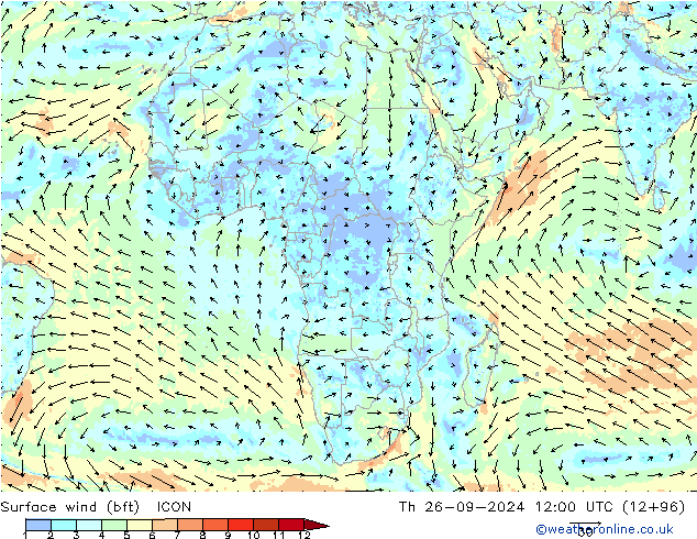 Wind 10 m (bft) ICON do 26.09.2024 12 UTC