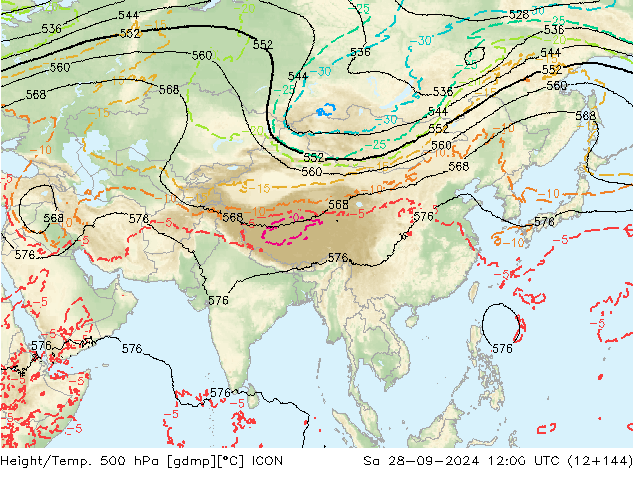 Height/Temp. 500 hPa ICON Sáb 28.09.2024 12 UTC