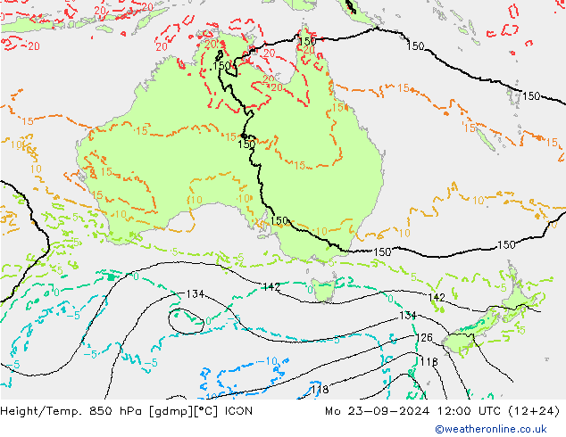 Height/Temp. 850 hPa ICON Mo 23.09.2024 12 UTC