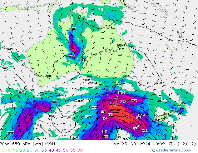 ветер 850 гПа ICON пн 23.09.2024 00 UTC