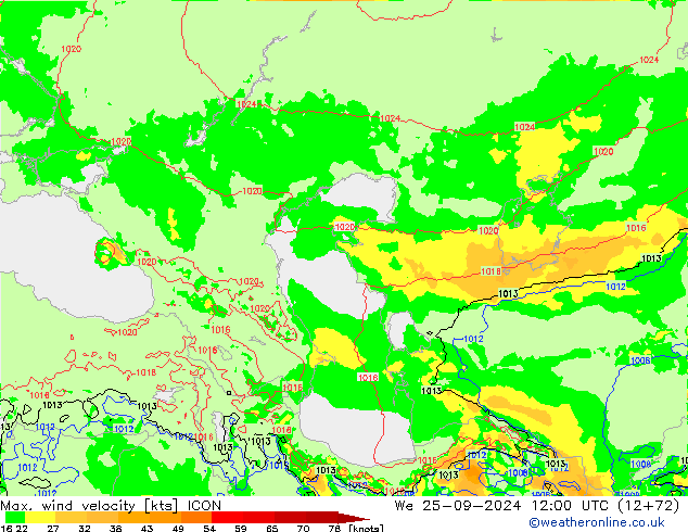 Max. wind velocity ICON mer 25.09.2024 12 UTC