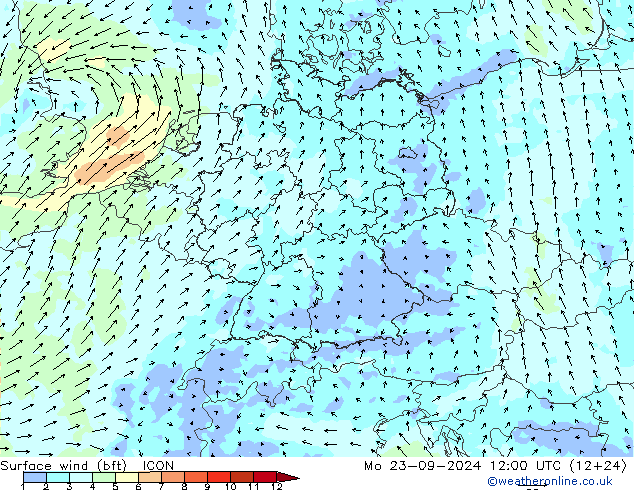 Vento 10 m (bft) ICON lun 23.09.2024 12 UTC
