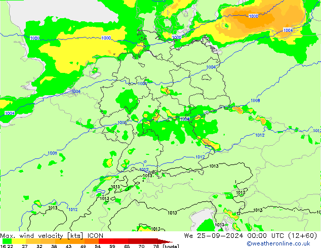 Max. wind velocity ICON We 25.09.2024 00 UTC