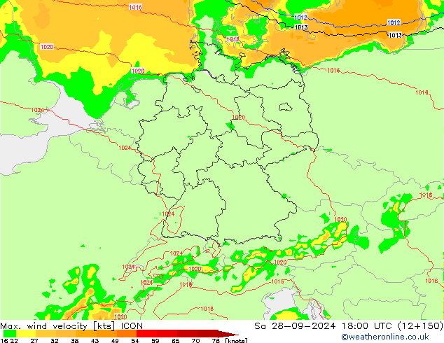 Max. wind velocity ICON сб 28.09.2024 18 UTC