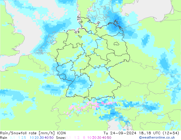 Rain/Snowfall rate ICON Tu 24.09.2024 18 UTC