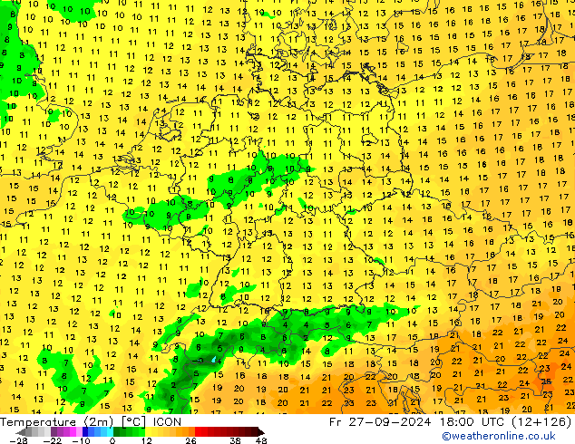 mapa temperatury (2m) ICON pt. 27.09.2024 18 UTC