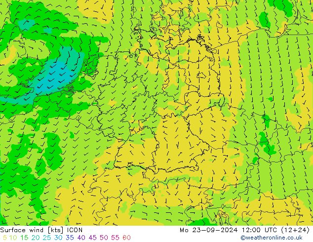 Viento 10 m ICON lun 23.09.2024 12 UTC