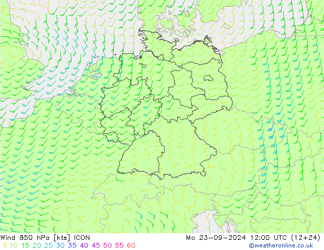 风 850 hPa ICON 星期一 23.09.2024 12 UTC