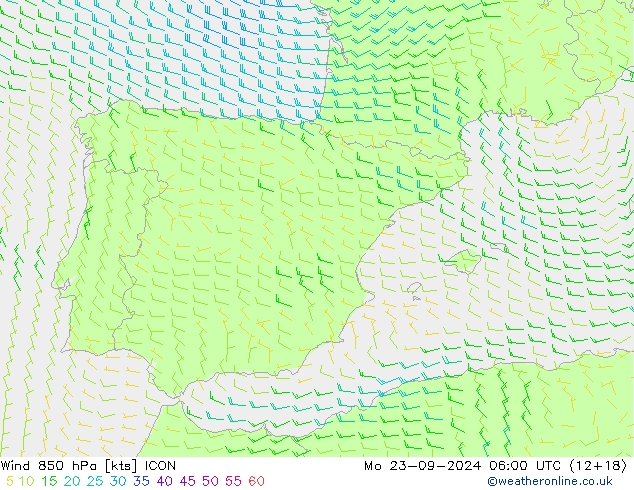 Vento 850 hPa ICON lun 23.09.2024 06 UTC