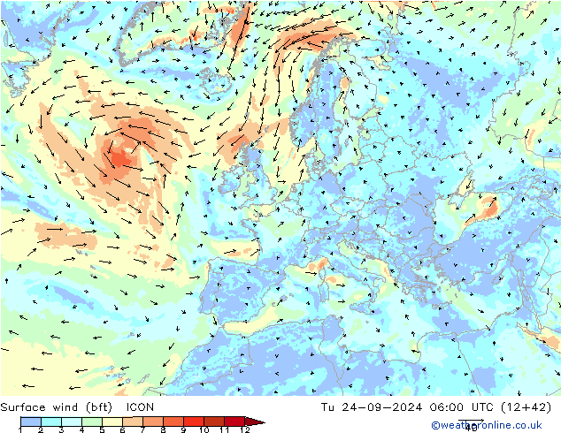 Surface wind (bft) ICON Út 24.09.2024 06 UTC