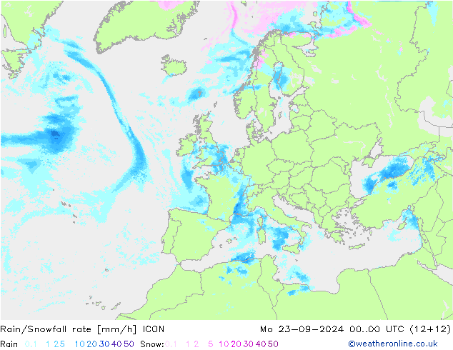 Rain/Snowfall rate ICON 星期一 23.09.2024 00 UTC