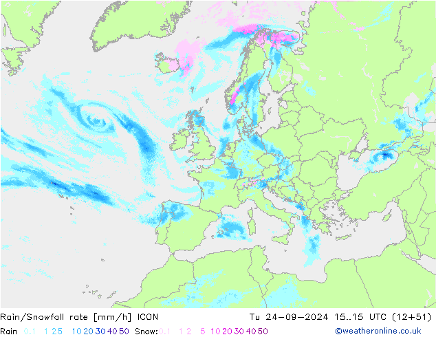 Rain/Snowfall rate ICON Tu 24.09.2024 15 UTC