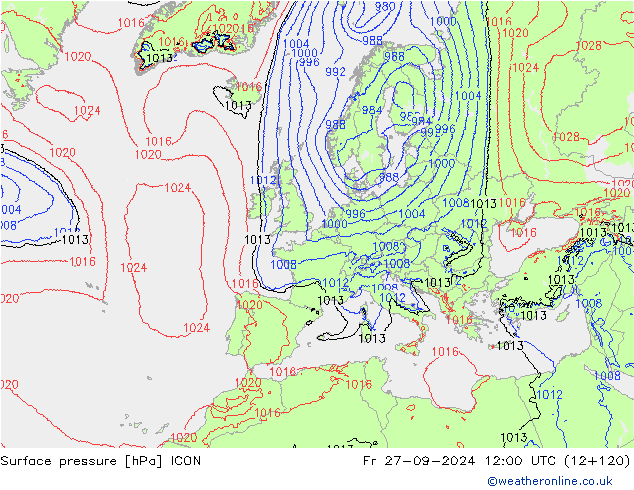 Surface pressure ICON Fr 27.09.2024 12 UTC