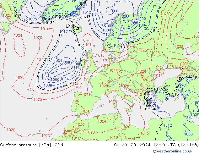 Surface pressure ICON Su 29.09.2024 12 UTC