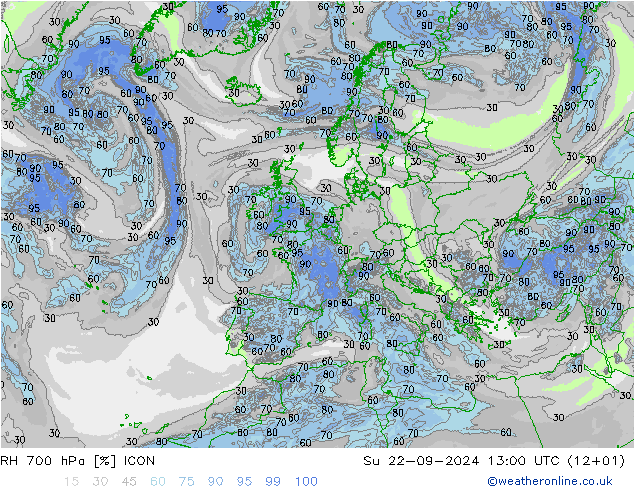 RH 700 hPa ICON So 22.09.2024 13 UTC