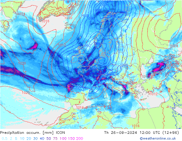 Precipitation accum. ICON Th 26.09.2024 12 UTC