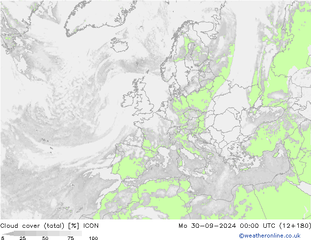 Cloud cover (total) ICON Mo 30.09.2024 00 UTC